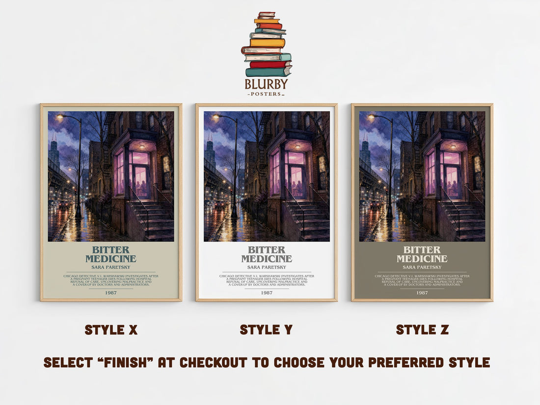 Bitter Medicine bookish print in frame leaning in hallway – mystery wall art (mockup)