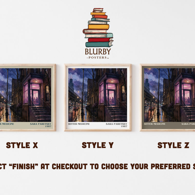 Bitter Medicine literary print in frame leaning in hallway – mystery wall art