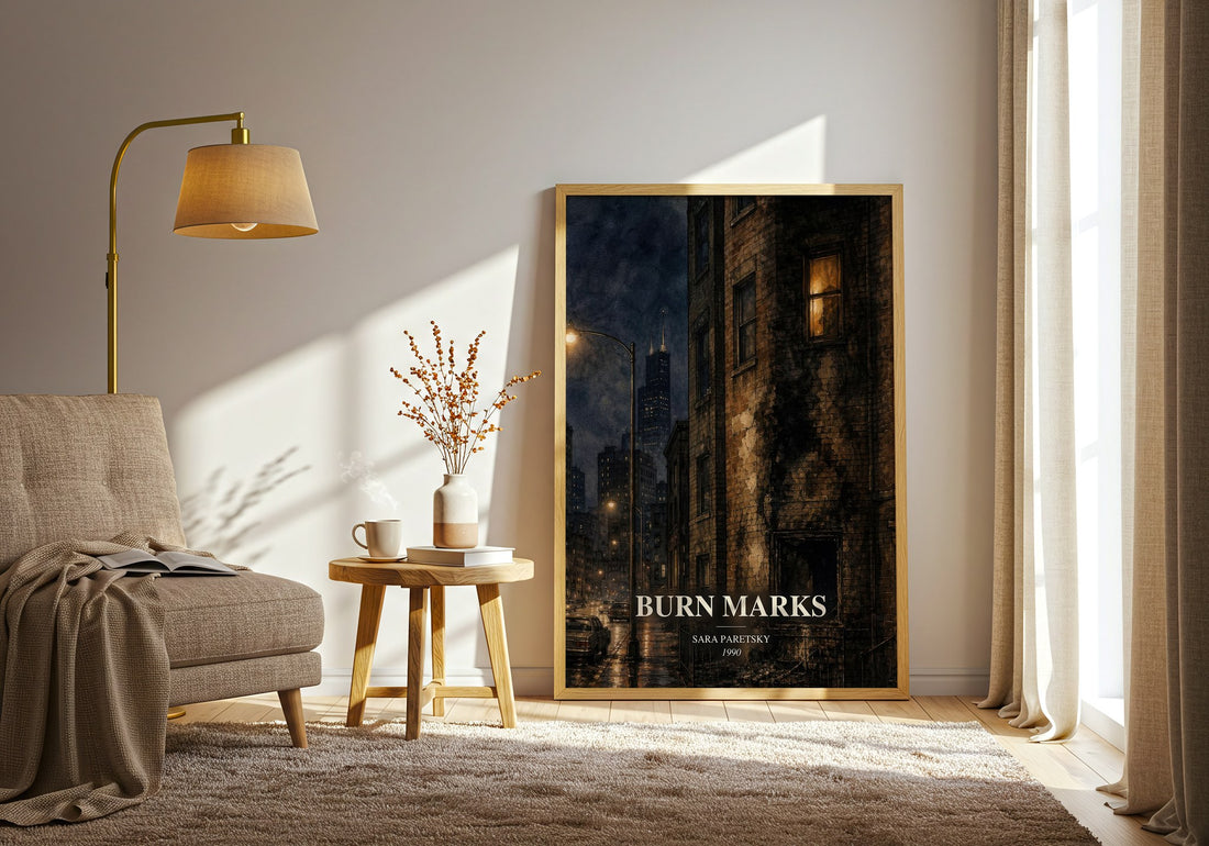 Burn Marks watercolour print in frame leaning in hallway – crime wall art (mockup)