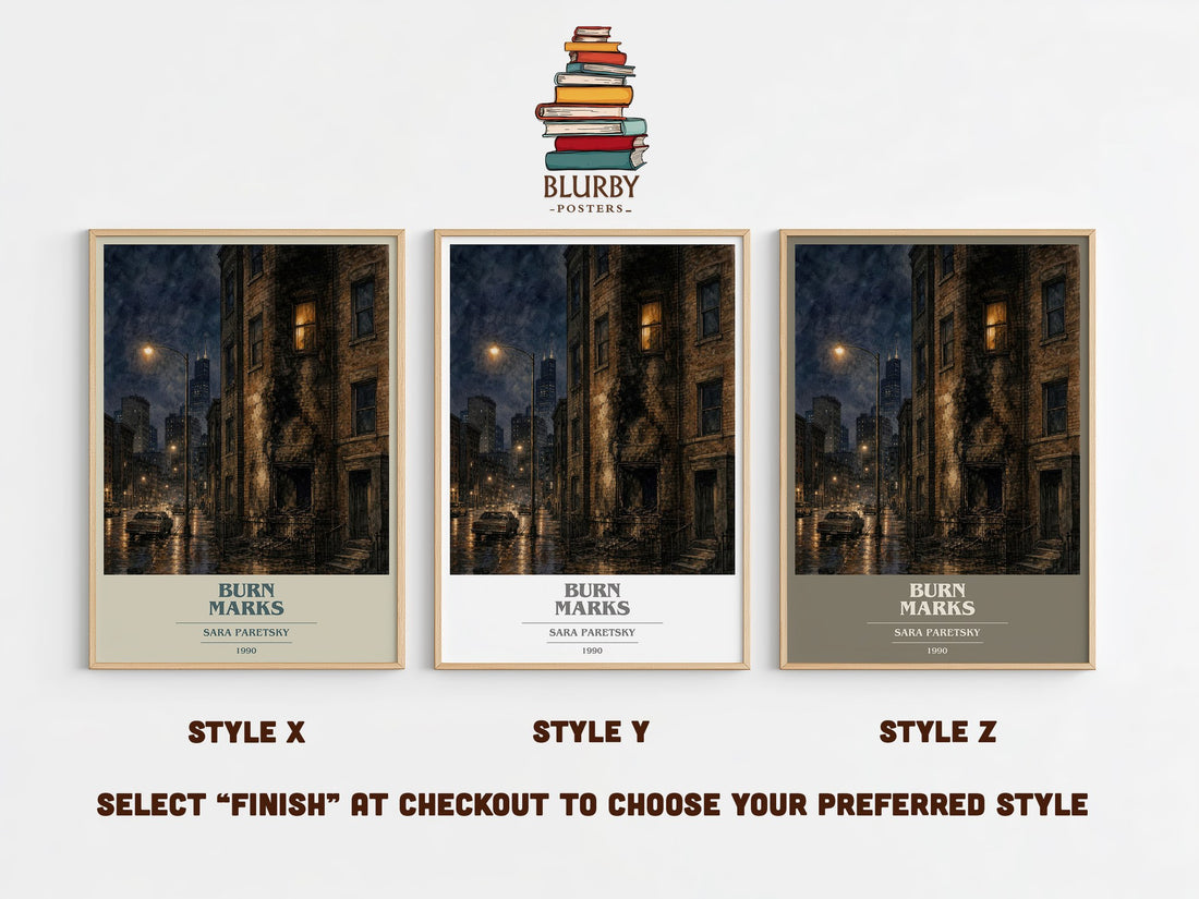 Burn Marks book cover print in frame leaning in hallway – crime wall art (mockup)