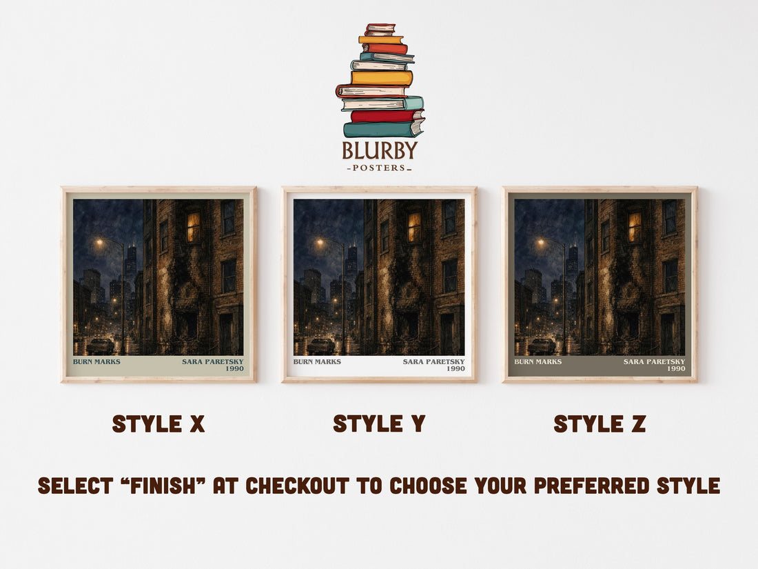 Burn Marks literary print in frame leaning in hallway – crime wall art (mockup)