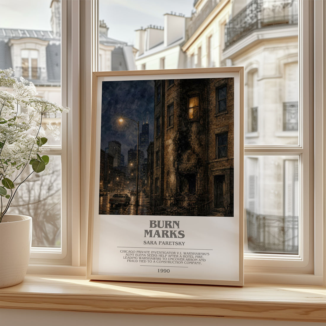 Burn Marks bookish poster colour and style options – Sara Paretsky book art