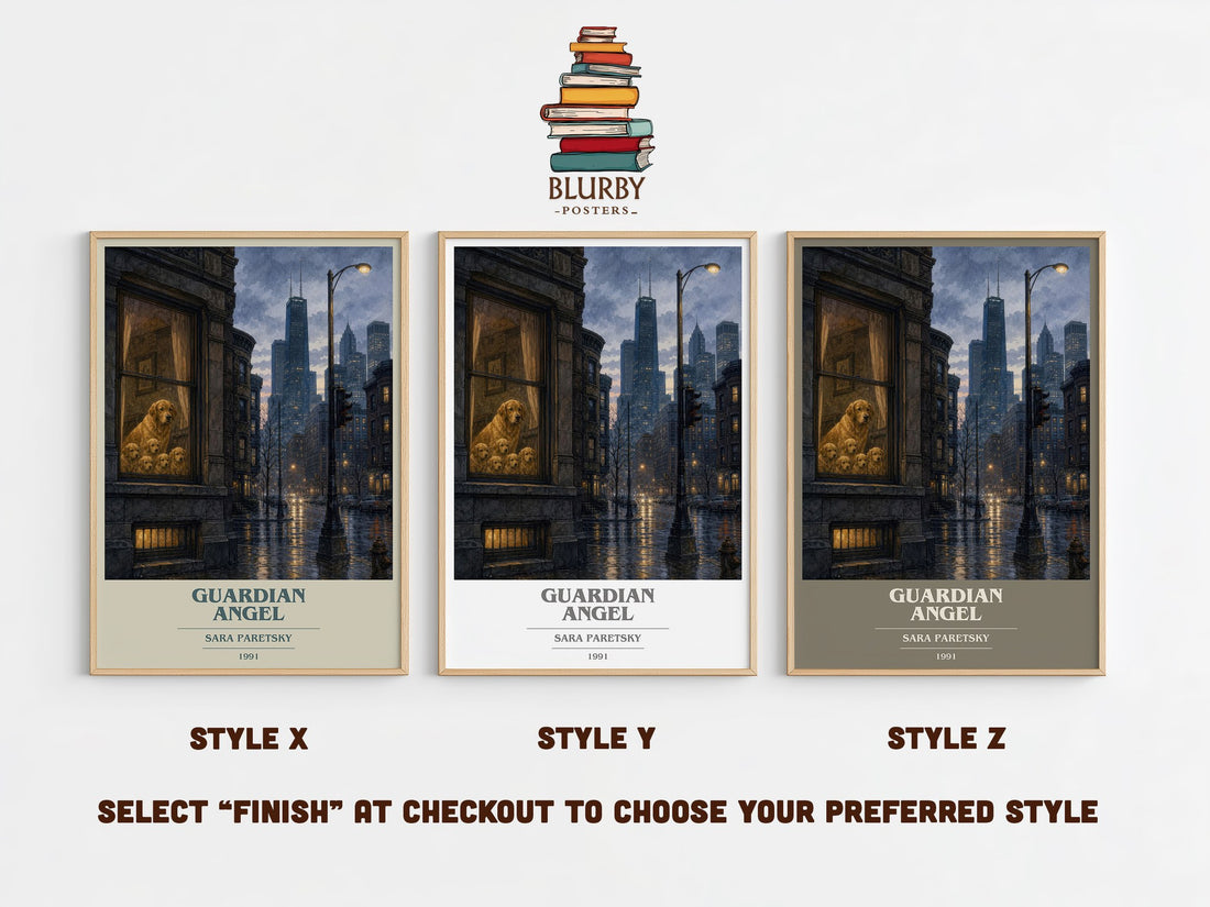 Guardian Angel book cover print in frame leaning in hallway – crime wall art (mockup)