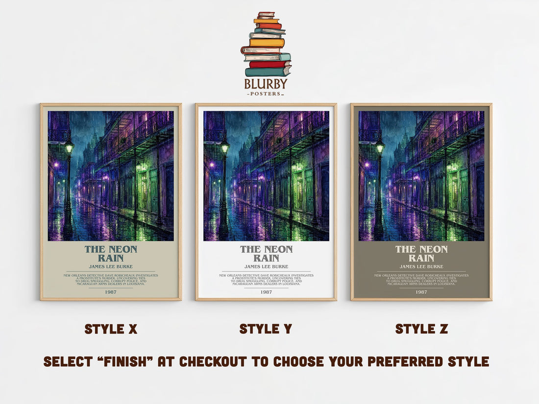 The Neon Rain bookish print in frame leaning in hallway – crime wall art (mockup)