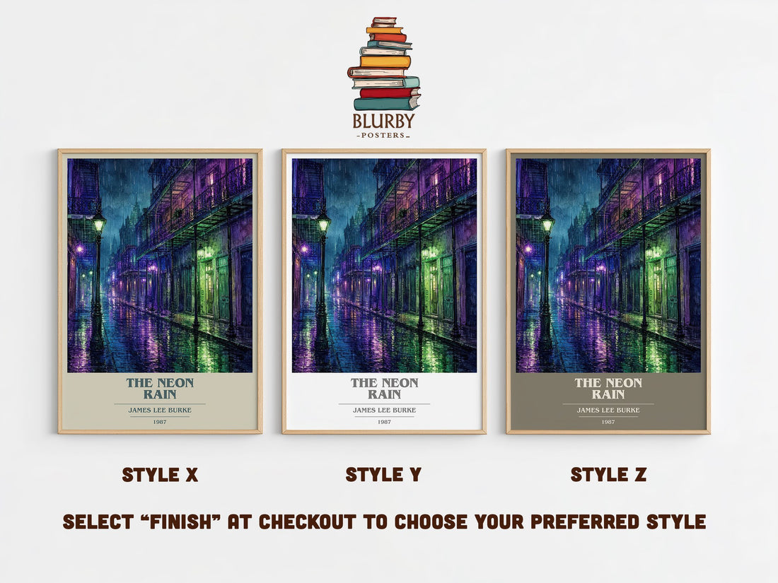 The Neon Rain book cover print in frame leaning in hallway – crime wall art (mockup)