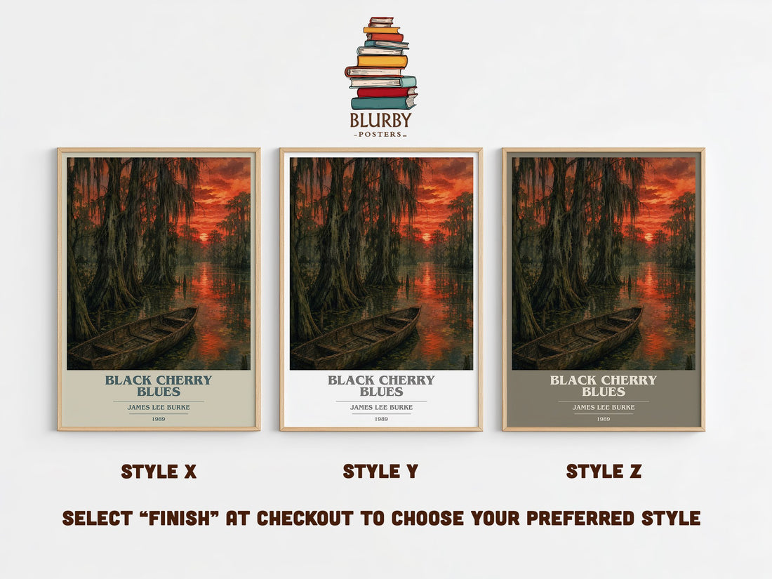 Black Cherry Blues book cover print in frame leaning in hallway – crime wall art (mockup)
