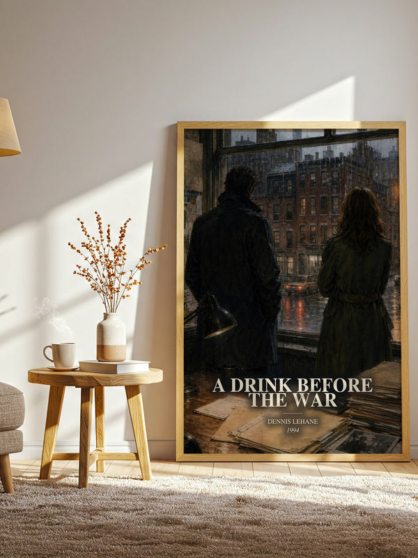 A Drink Before the War watercolour print in frame leaning in hallway – crime wall art