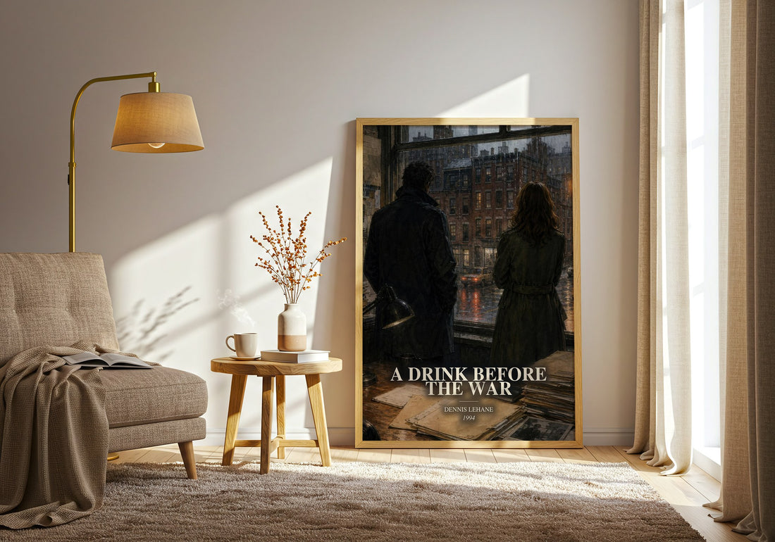 A Drink Before the War watercolour print in frame leaning in hallway – crime wall art (mockup)