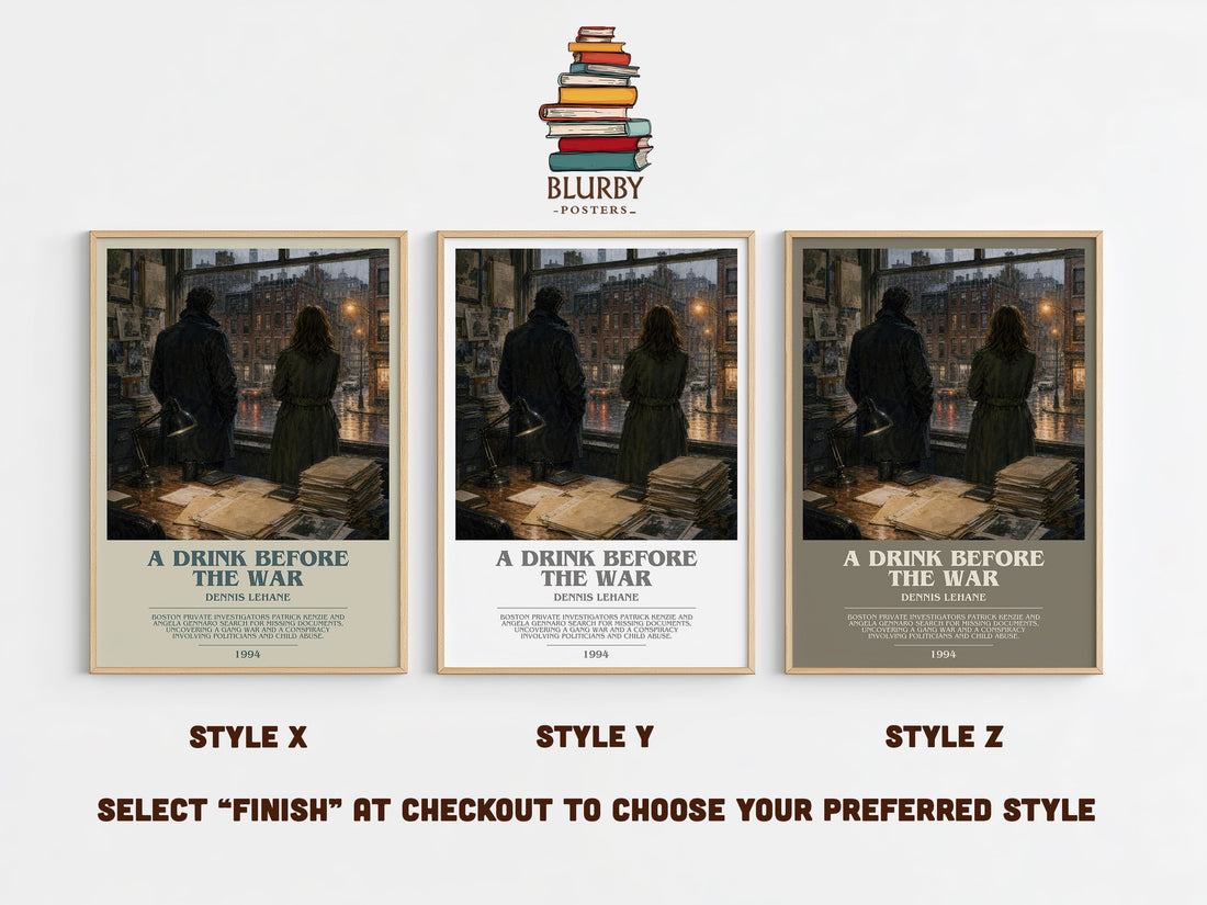 A Drink Before the War bookish print in frame leaning in hallway – crime wall art (mockup)