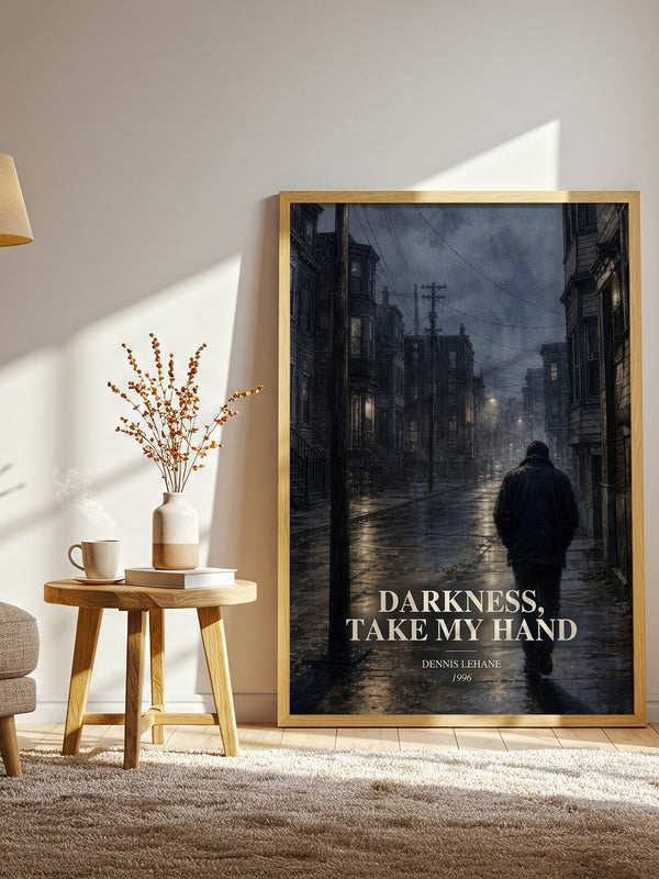 Darkness, Take My Hand watercolour print in frame leaning in hallway – crime wall art
