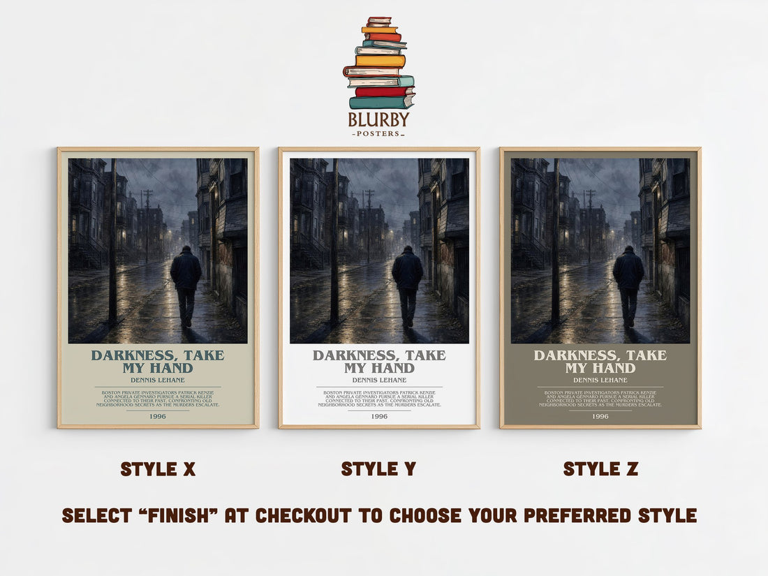 Darkness, Take My Hand bookish print in frame leaning in hallway – crime wall art (mockup)