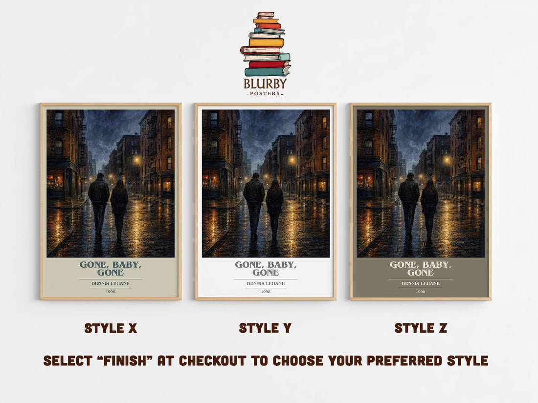 Gone, Baby, Gone book cover print in frame leaning in hallway – crime wall art (mockup)