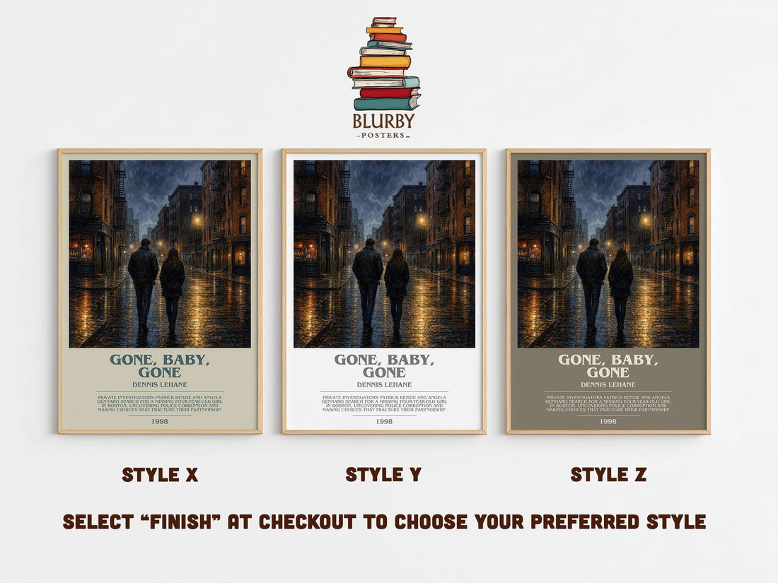 Gone, Baby, Gone bookish print in frame leaning in hallway – crime wall art (mockup)