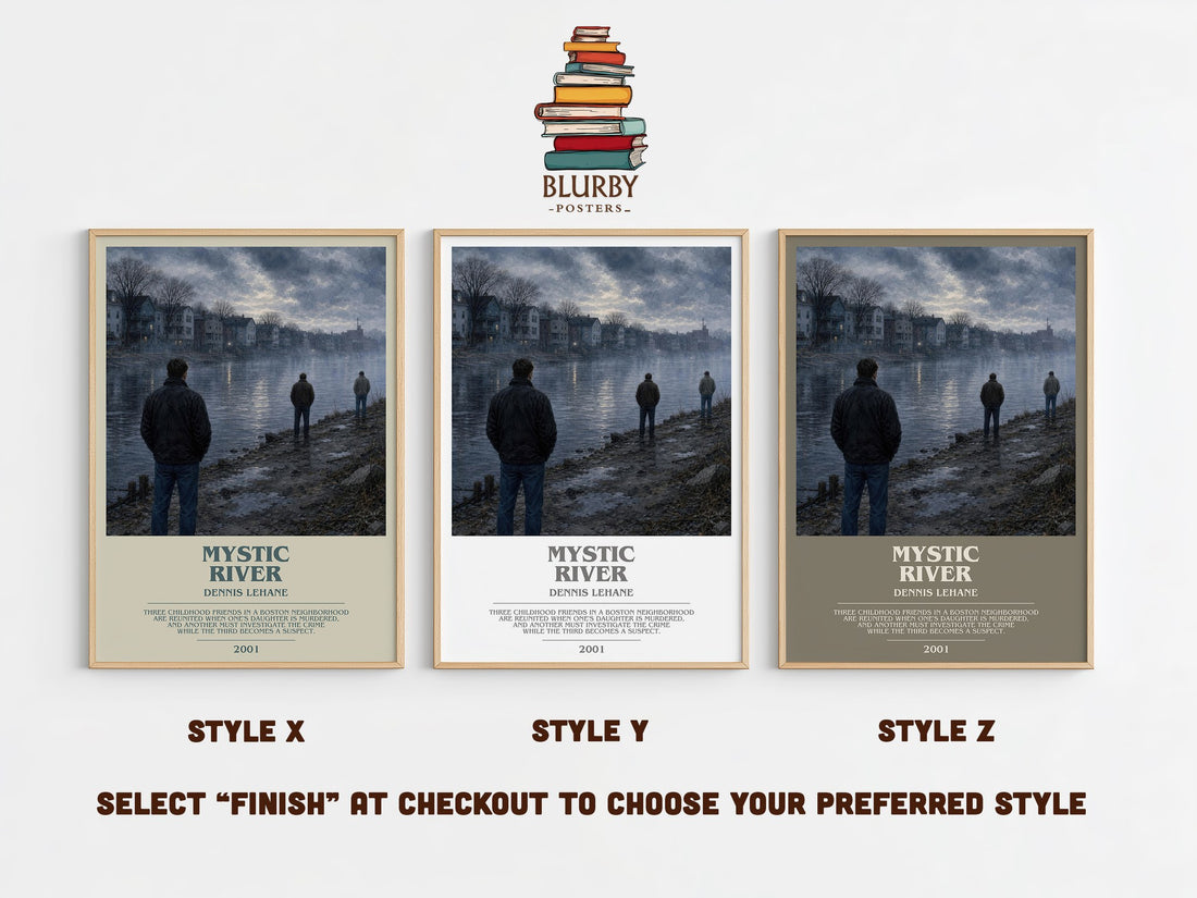 Mystic River bookish print in frame leaning in hallway – crime wall art (mockup)