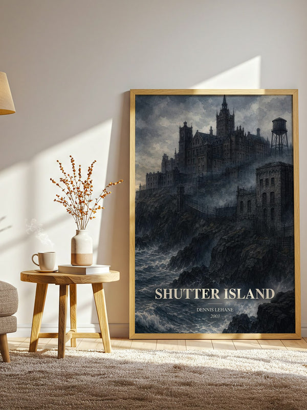 Shutter Island watercolour print in frame leaning in hallway – thriller wall art