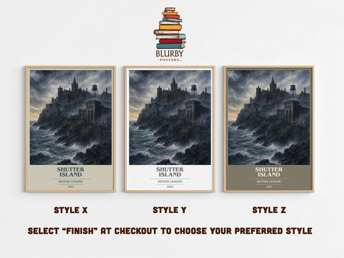 Shutter Island book cover print in frame leaning in hallway – thriller wall art (mockup)