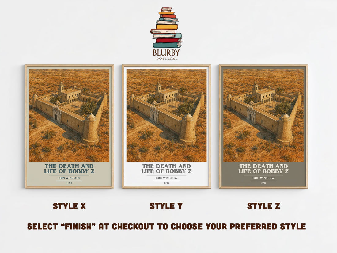 The Death and Life of Bobby Z book cover print in frame leaning in hallway – crime wall art (mockup)