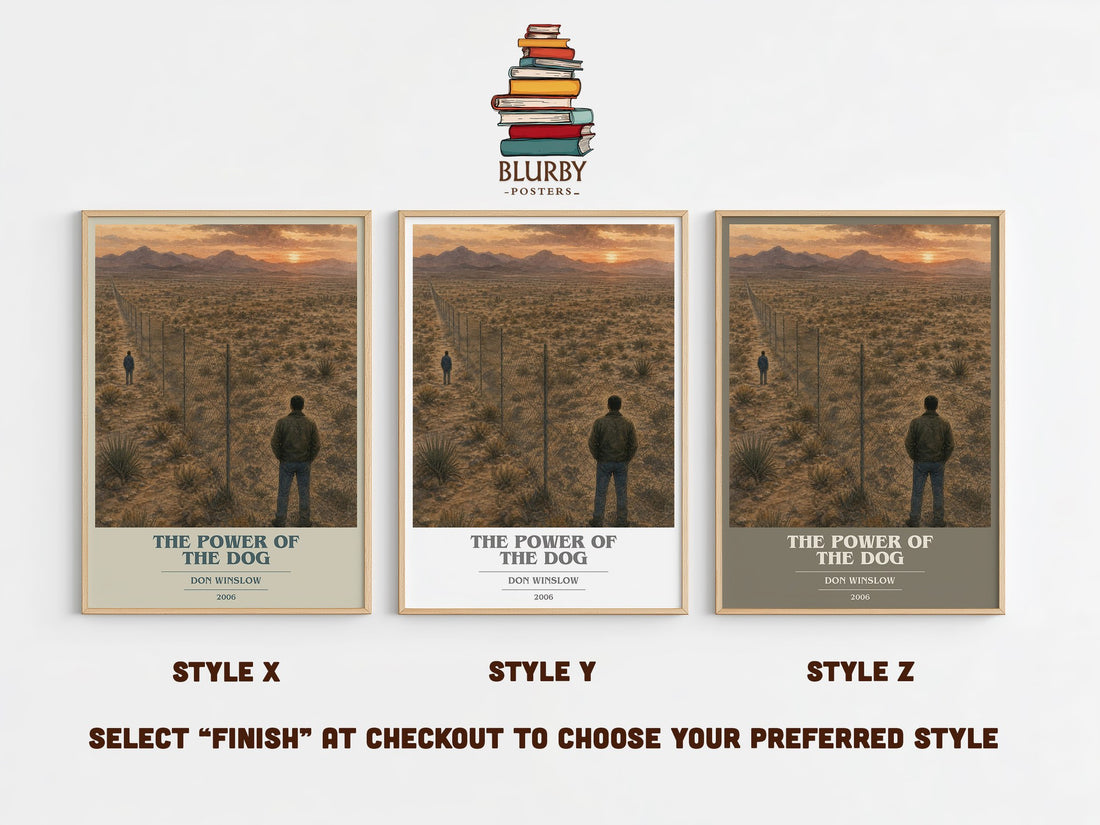 The Power of the Dog book cover print in frame leaning in hallway – crime wall art (mockup)