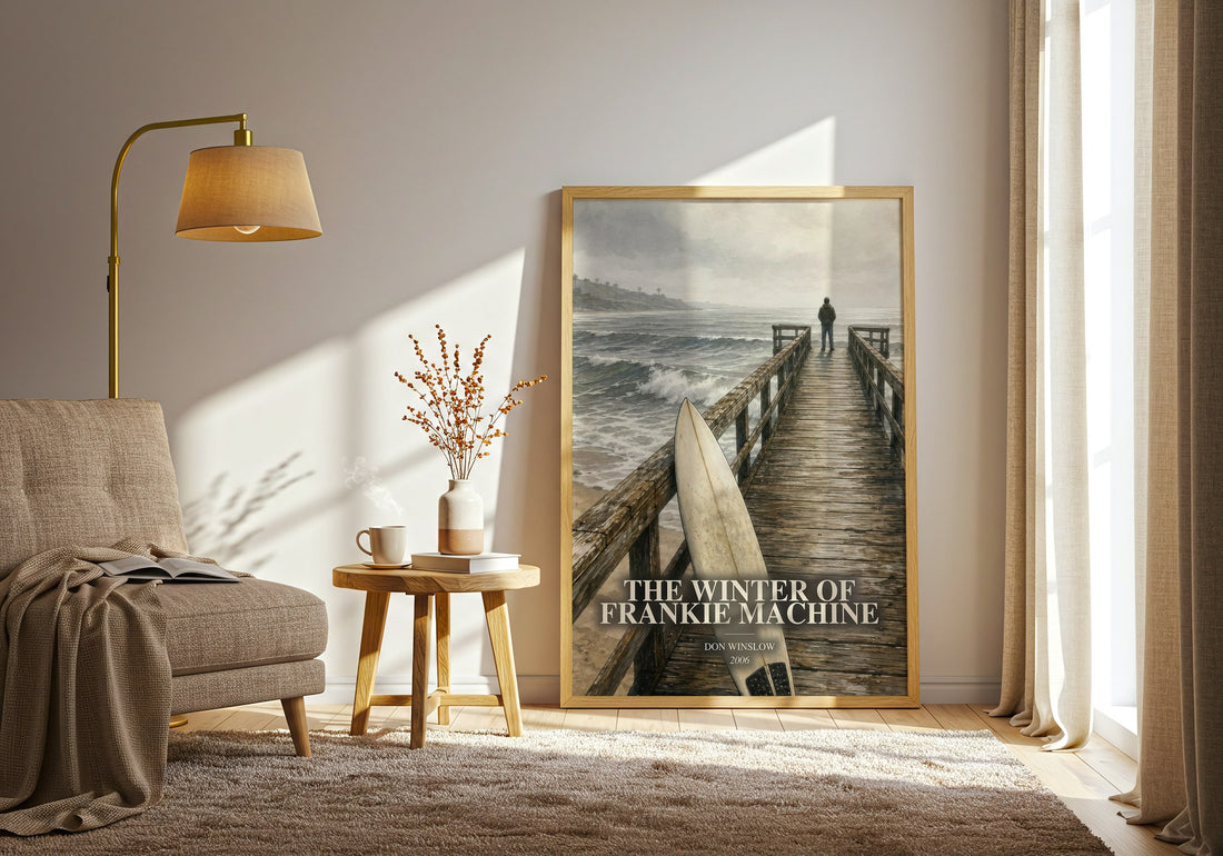 The Winter of Frankie Machine watercolour print in frame leaning in hallway – crime wall art (mockup)