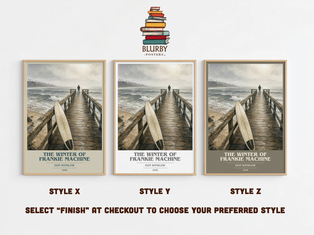 The Winter of Frankie Machine book cover print in frame leaning in hallway – crime wall art (mockup)