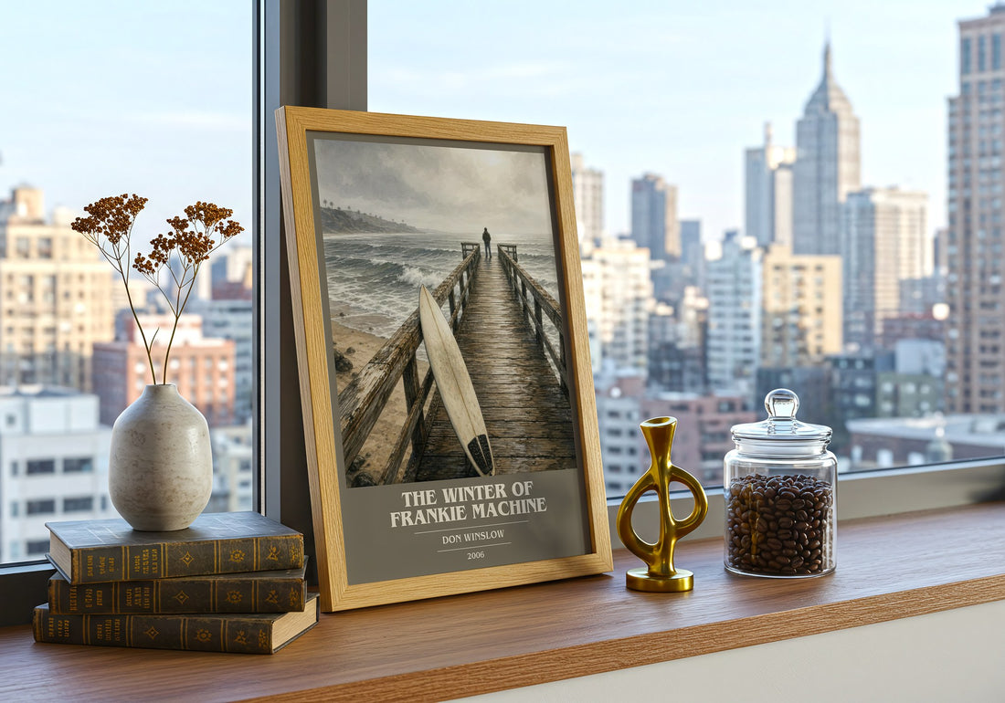 The Winter of Frankie Machine book cover print framed by window – literary home decor