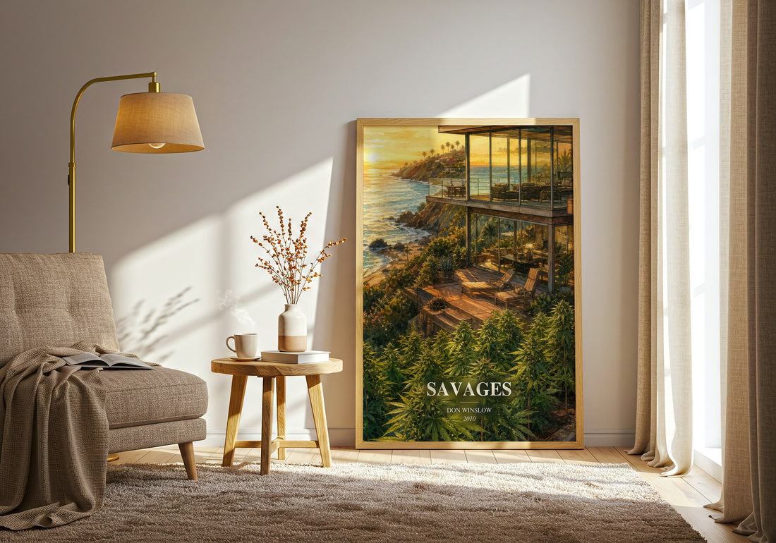 Savages watercolour print in frame leaning in hallway – crime wall art (mockup)