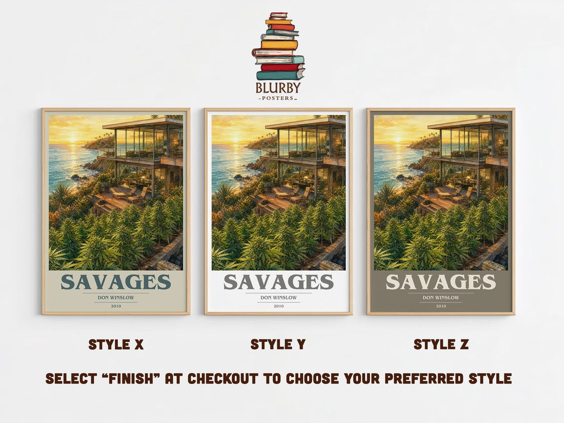 Savages book cover print in frame leaning in hallway – crime wall art (mockup)