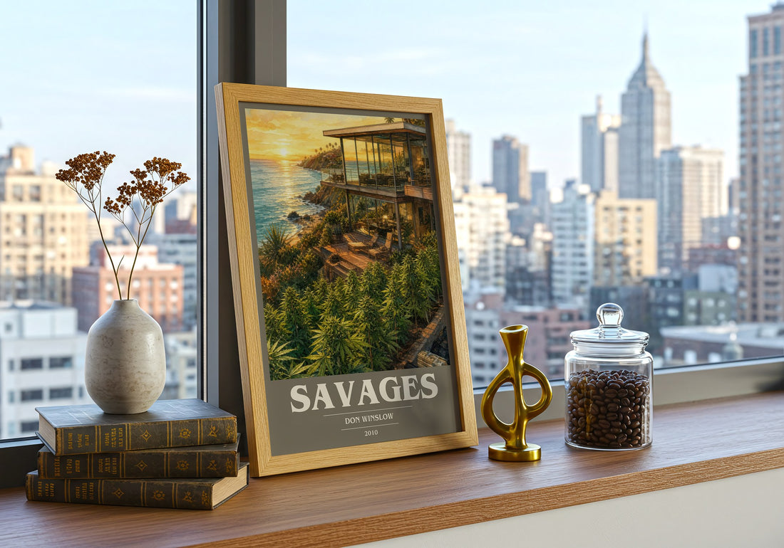 Savages book cover print framed by window – literary home decor