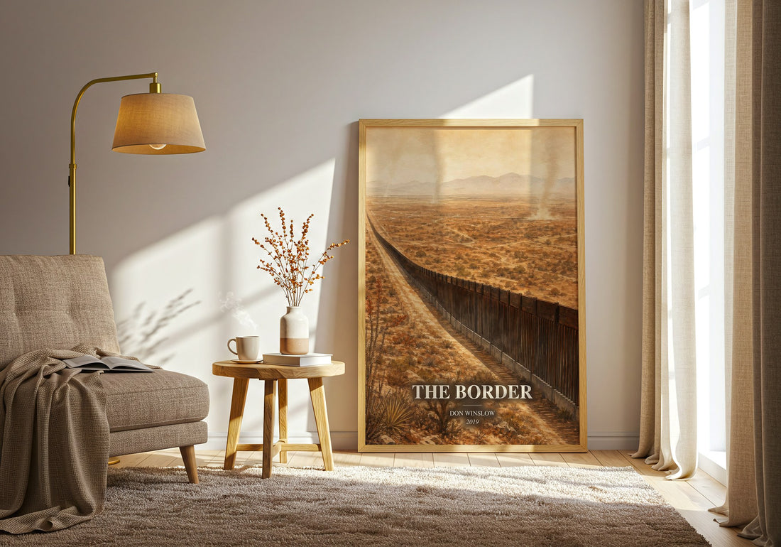 The Border watercolour print in frame leaning in hallway – crime wall art (mockup)