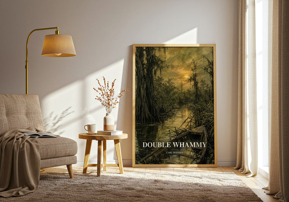 Double Whammy watercolour print in frame leaning in hallway – crime wall art (mockup)