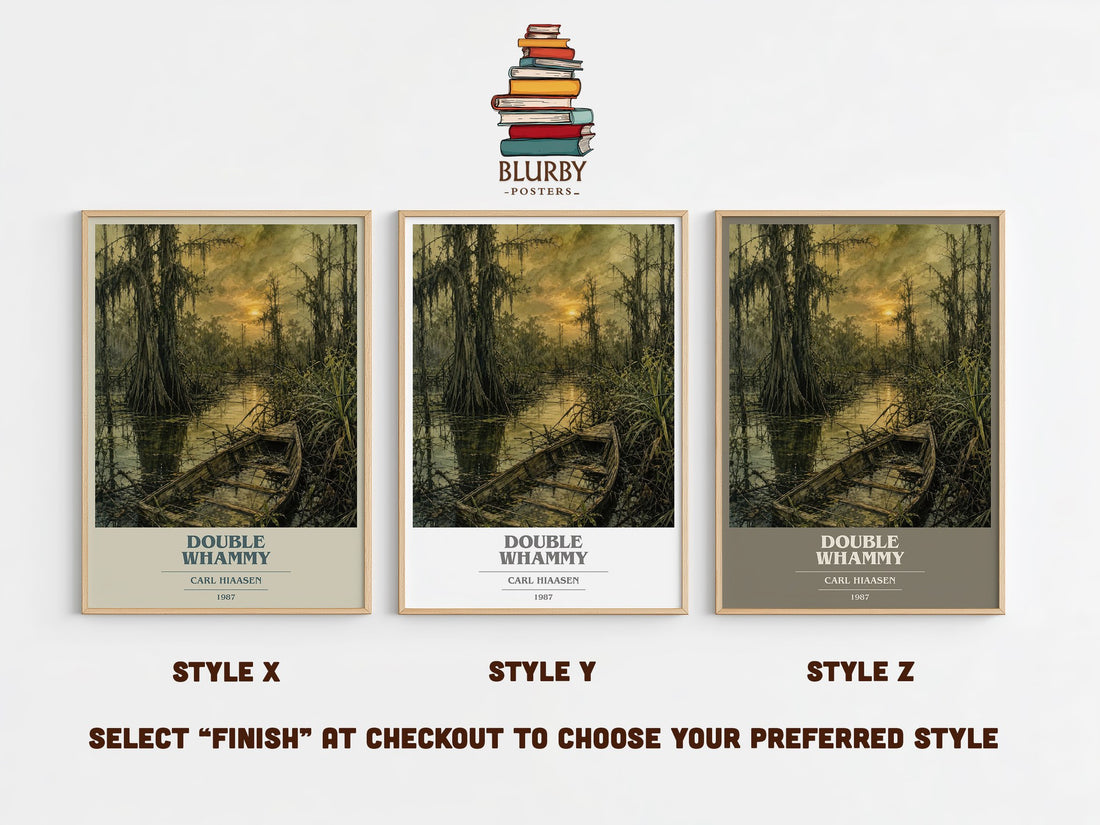 Double Whammy book cover print in frame leaning in hallway – crime wall art (mockup)