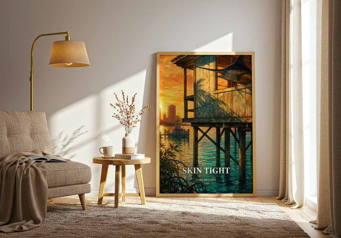 Skin Tight watercolour print in frame leaning in hallway – crime wall art (mockup)