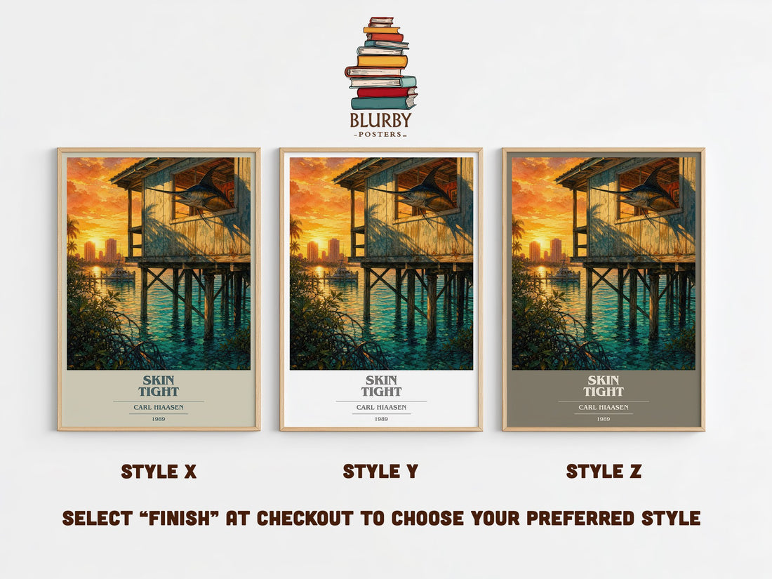 Skin Tight book cover print in frame leaning in hallway – crime wall art (mockup)