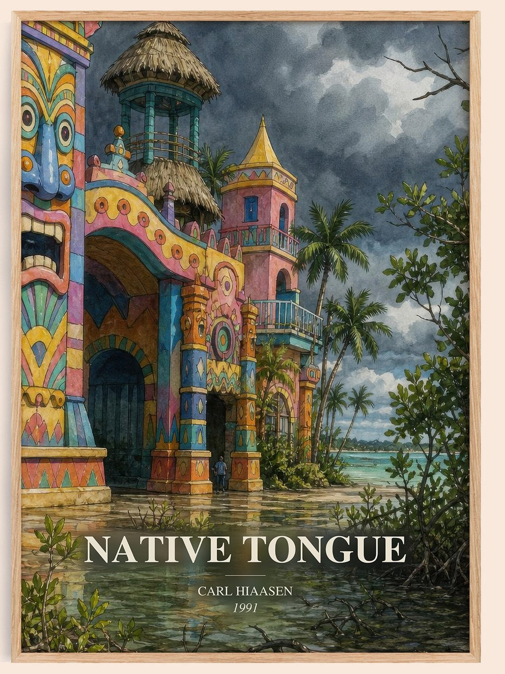 Native Tongue watercolour book poster by Carl Hiaasen – framed literary art print