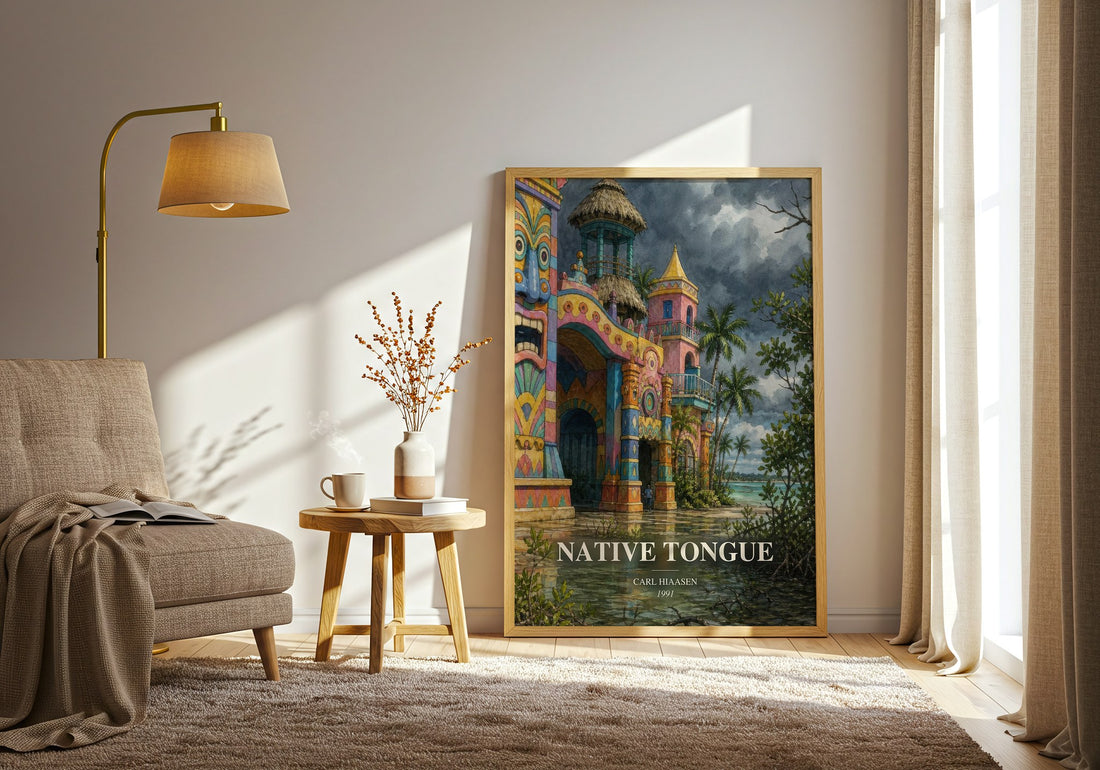 Native Tongue watercolour print in frame leaning in hallway – satire wall art (mockup)