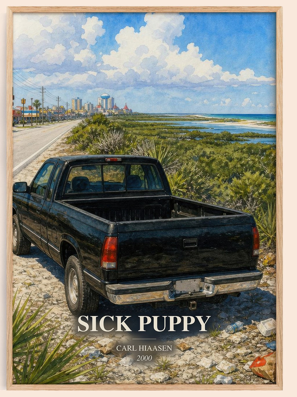 Sick Puppy watercolour book poster by Carl Hiaasen – framed literary art print