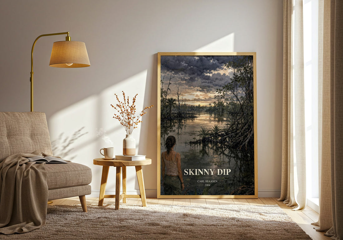 Skinny Dip watercolour print in frame leaning in hallway – crime wall art (mockup)