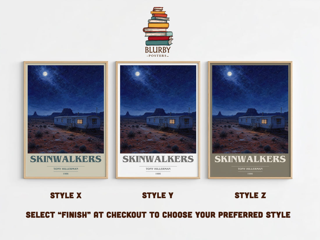 Skinwalkers book cover print in frame leaning in hallway – mystery wall art (mockup)