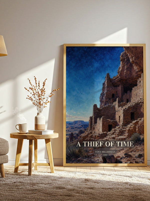 A Thief of Time watercolour print in frame leaning in hallway – mystery wall art