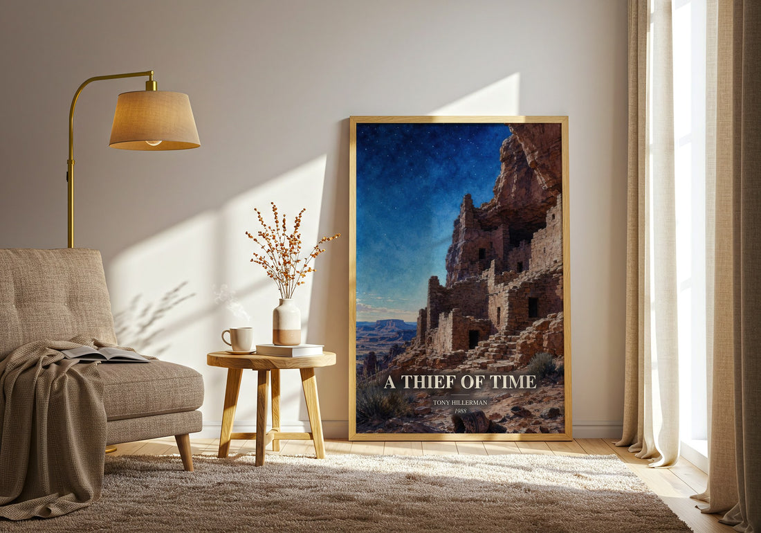 A Thief of Time watercolour print in frame leaning in hallway – mystery wall art (mockup)