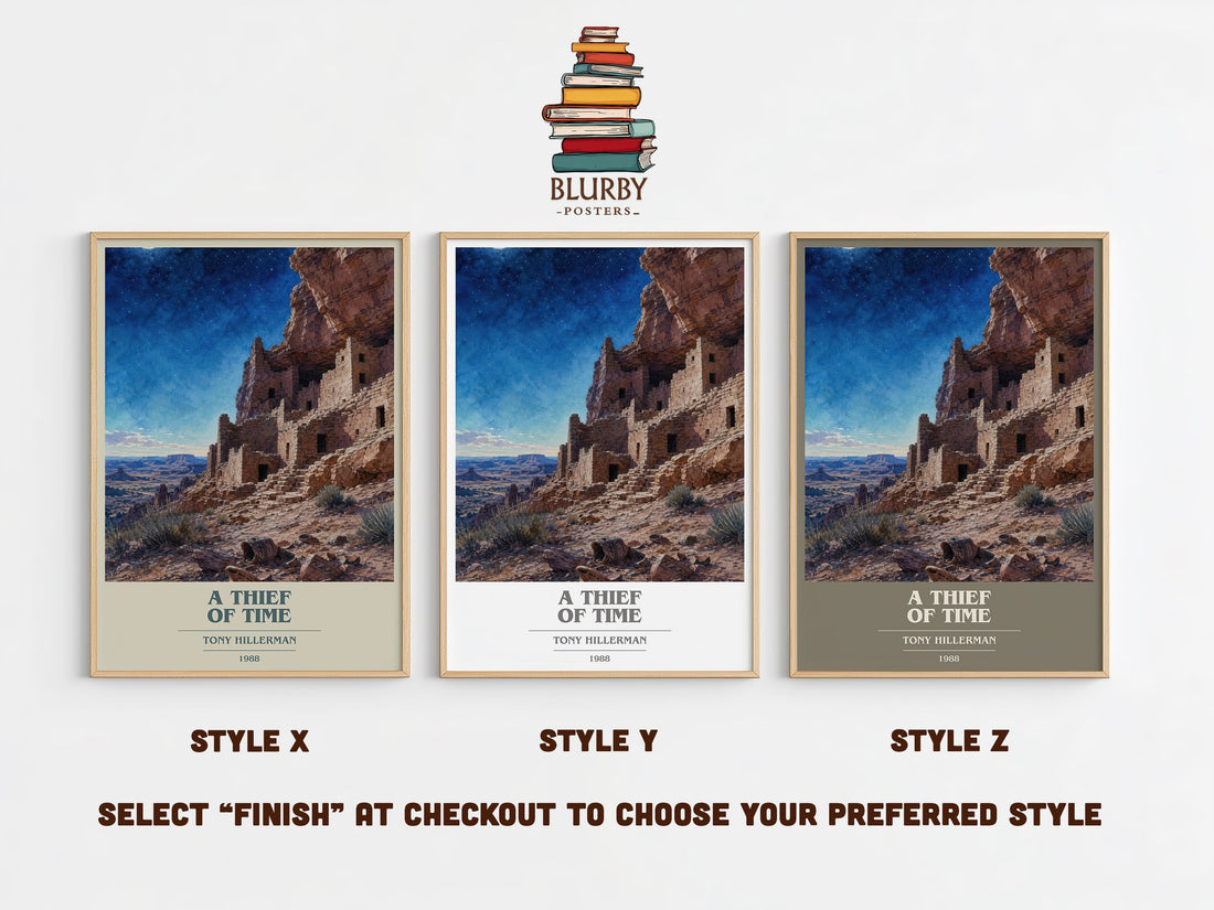A Thief of Time book cover print in frame leaning in hallway – mystery wall art (mockup)