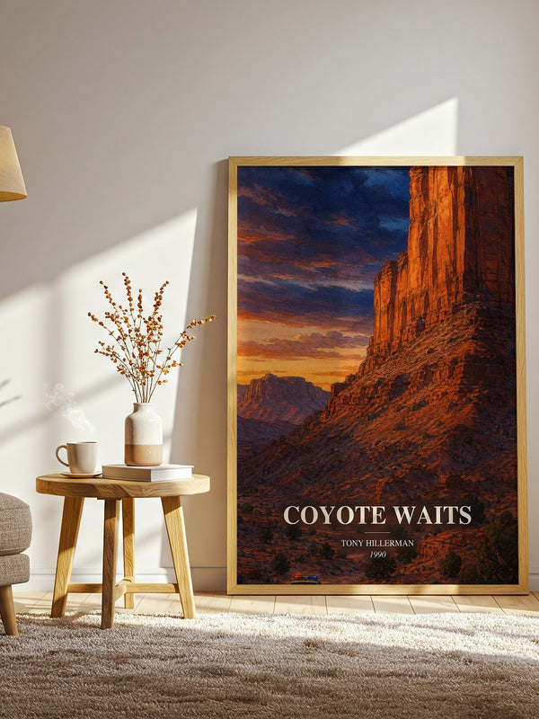 Coyote Waits watercolour print in frame leaning in hallway – mystery wall art