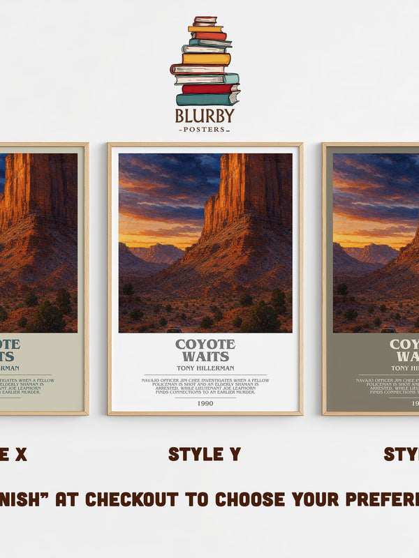 Coyote Waits bookish print in frame leaning in hallway – mystery wall art