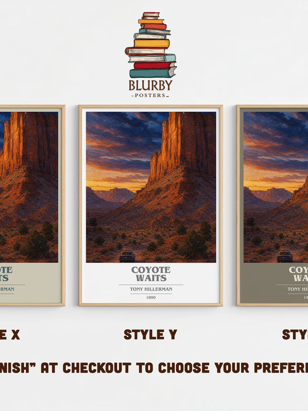 Coyote Waits book cover print in frame leaning in hallway – mystery wall art