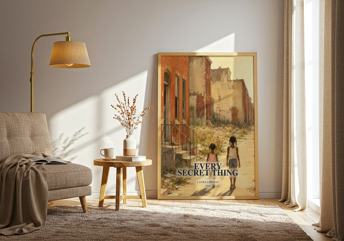 Every Secret Thing watercolour print in frame leaning in hallway – crime wall art (mockup)
