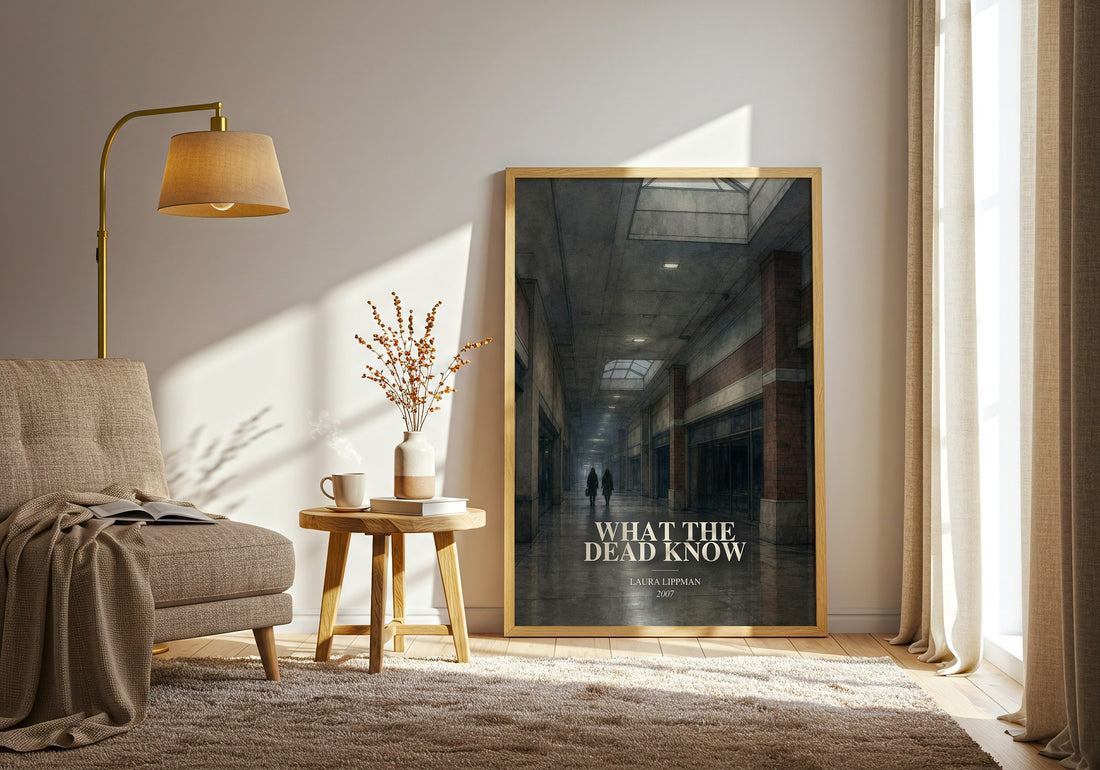 What the Dead Know watercolour print in frame leaning in hallway – mystery wall art (mockup)