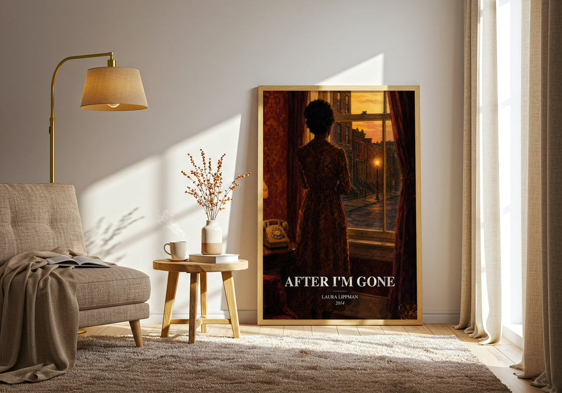 After I'm Gone watercolour print in frame leaning in hallway – crime wall art (mockup)
