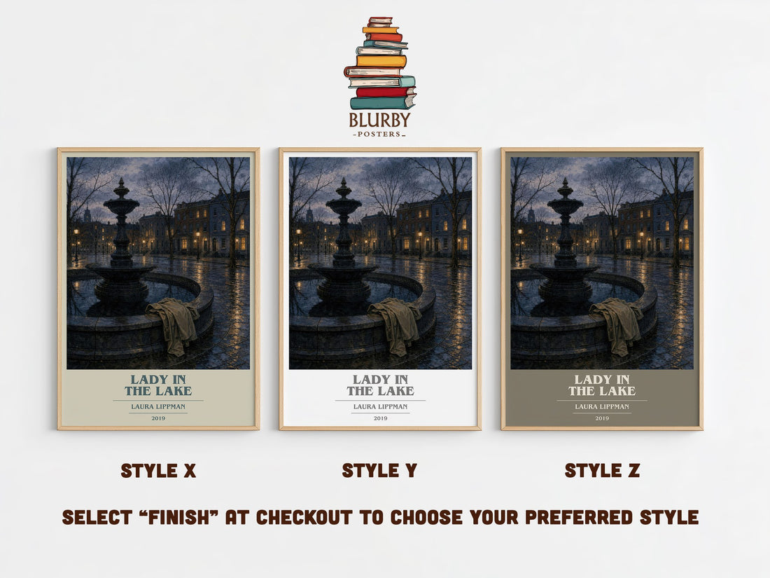 Lady in the Lake book cover print in frame leaning in hallway – crime wall art (mockup)