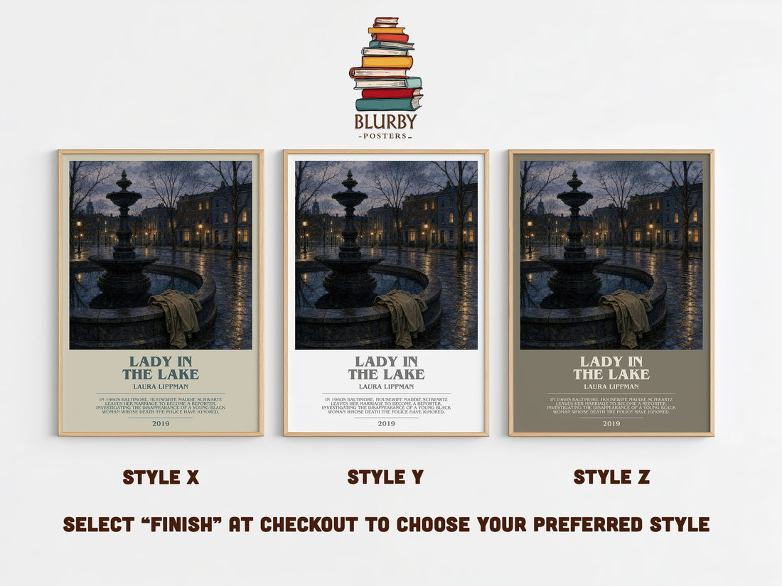 Lady in the Lake bookish print in frame leaning in hallway – crime wall art (mockup)