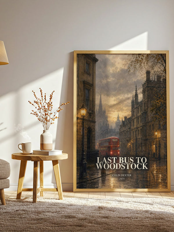 Last Bus to Woodstock watercolour print in frame leaning in hallway – mystery wall art